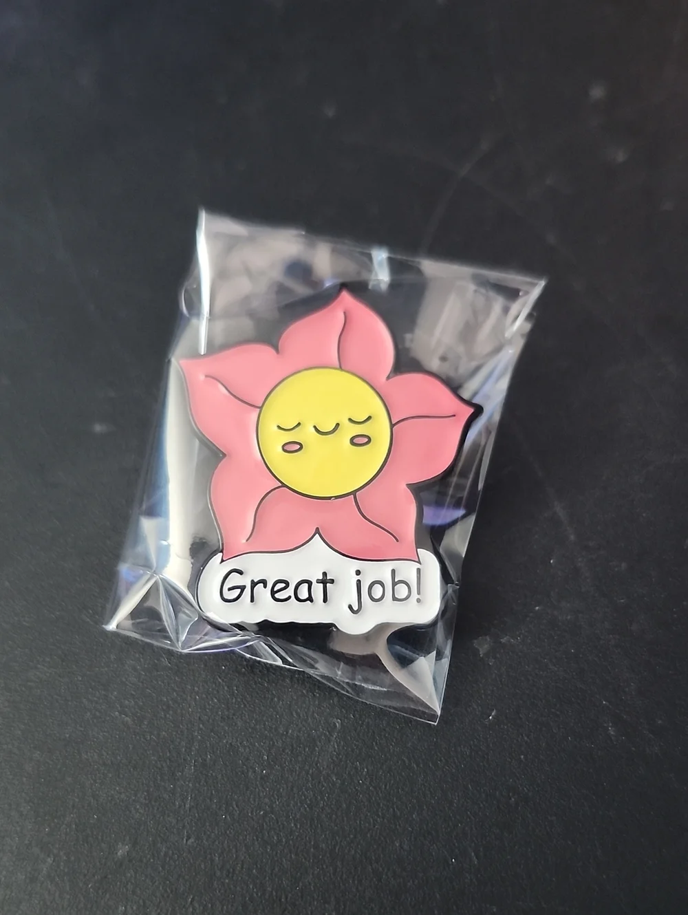 Pink Flower 'Great Job!' Enamel Pin - Cute Reward Badge